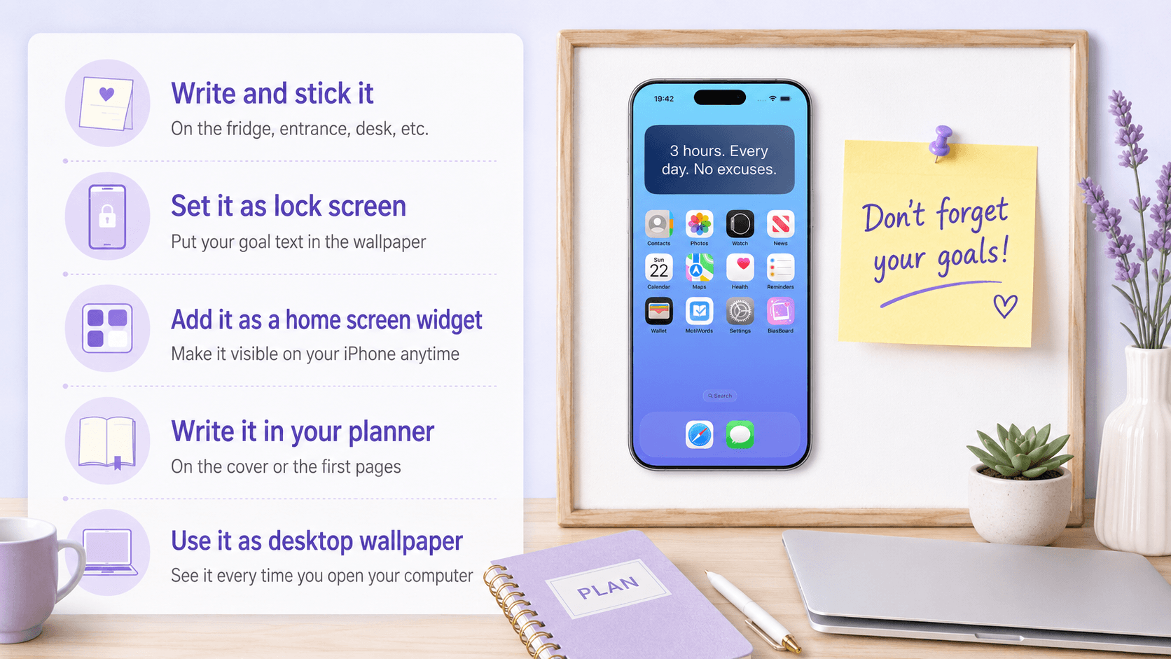 iPhone home screen displaying goals with MotiWords widget